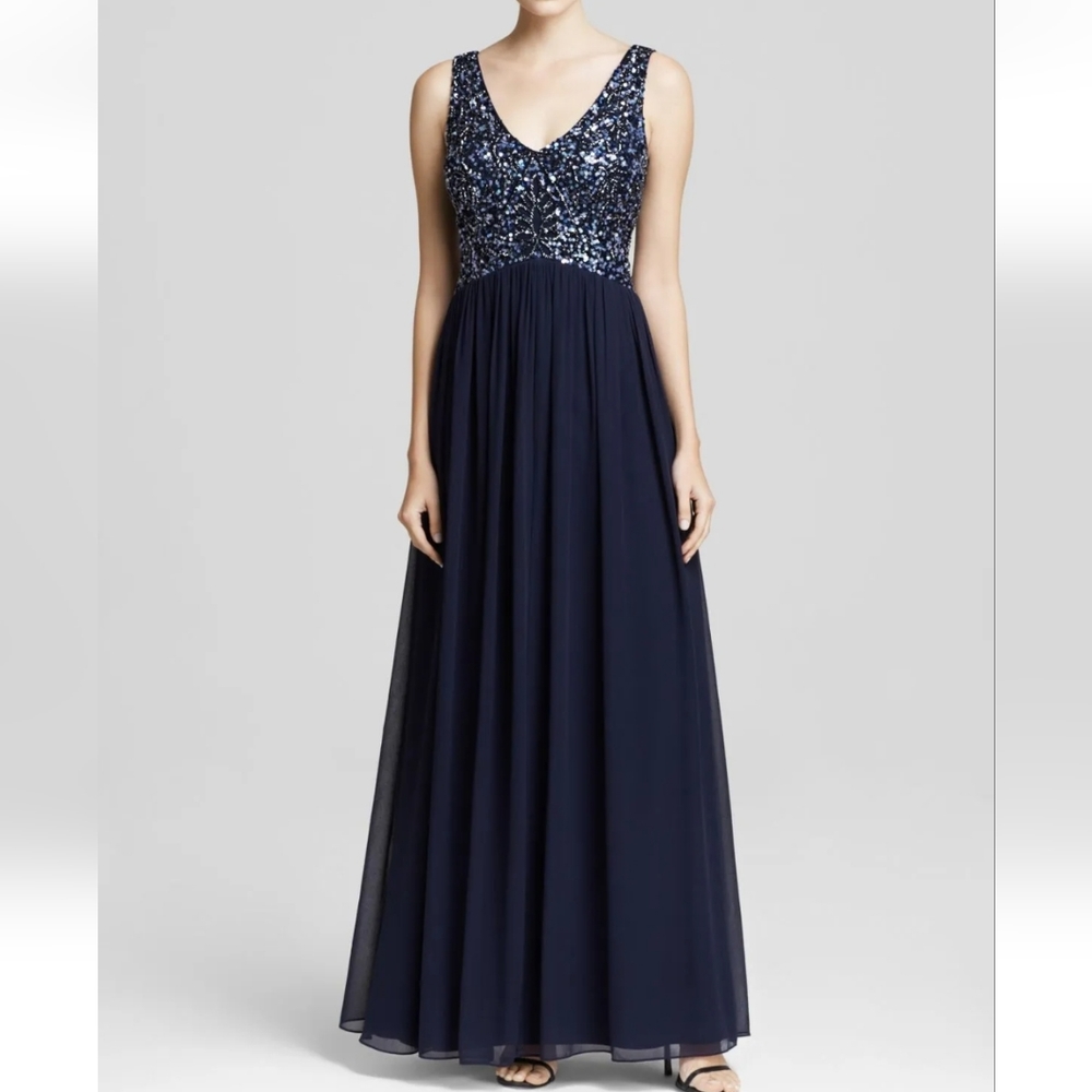 Navy Blue Sequin Tank V Neck A Line Formal Gown